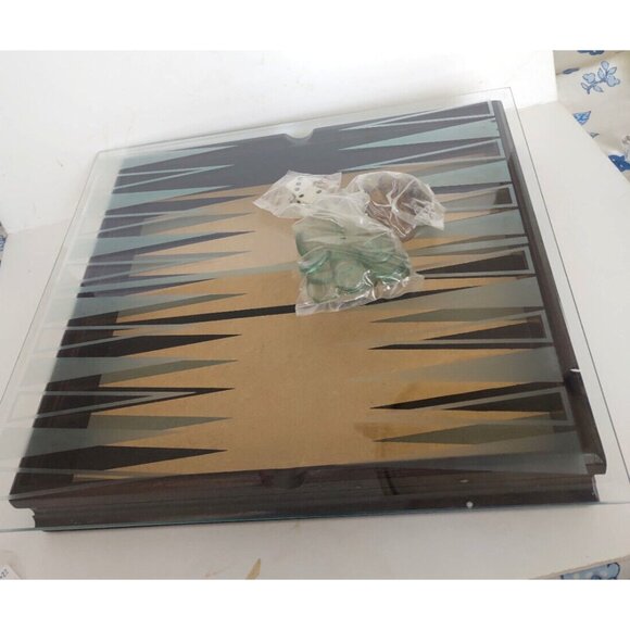 Vintage Wooden Backgammon Game with Glass overlay & Glass Pieces 1970's - Picture 1 of 13